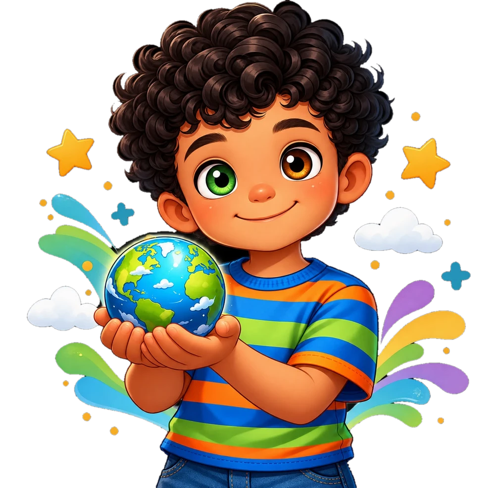Tutti, um menino de cabelo cacheado, segurando um pequeno globo e sorrindo.
